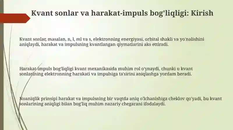 Kvant sonlari va harakat bogʻlanishining impuls bilan fizik integratsiyasi 3