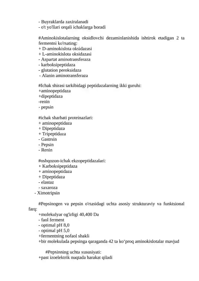 OSHQOZON – ICHAK BIOKIMYOSI TEST 3