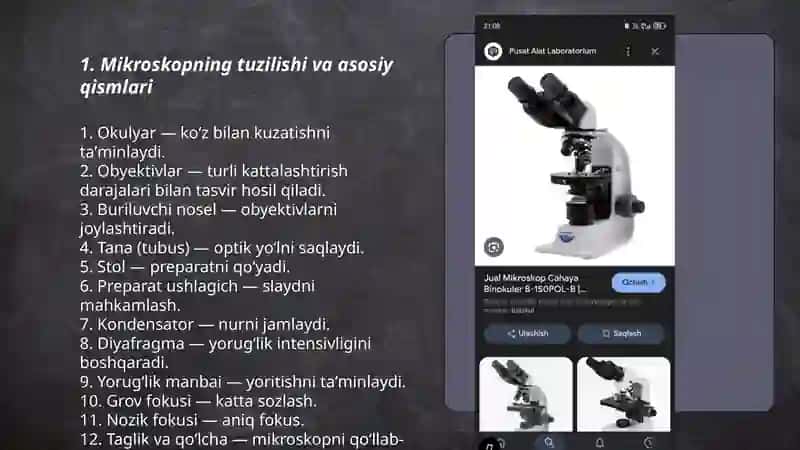 Mikraskop bilan ishlash qoidasi vaqtinchalik preparatlar tayorlash mavzuni yaratishda mikraskopda amaliy mashgulot sifatida korsatib mavzuni mohiyati ochiqlanadi 3