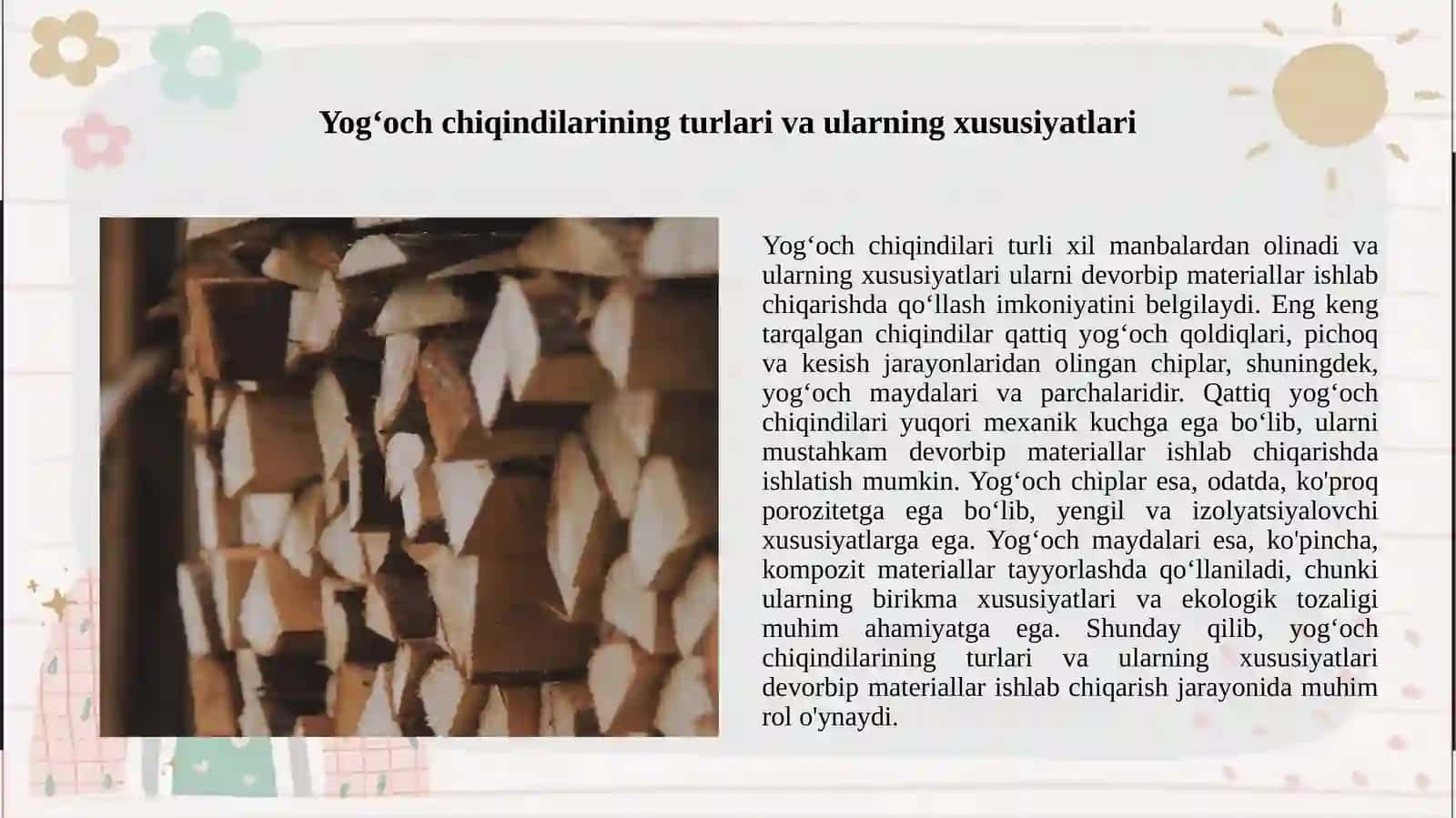 Yogʻoch sanoati chiqindilari asosida devorbip materiallar 3