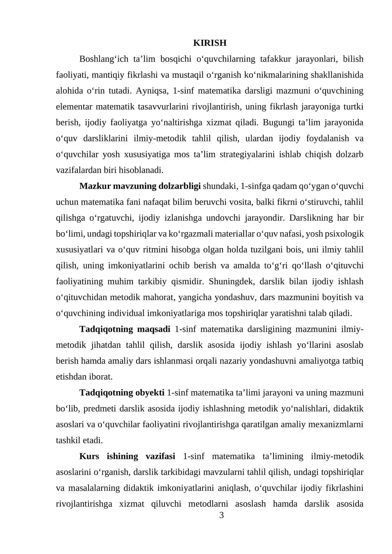 Birinchi Sinf matematika darsligida ijodiy ishlash, darslik tahlini amalga oshirish mavzusida tayyor kurs ishi 3