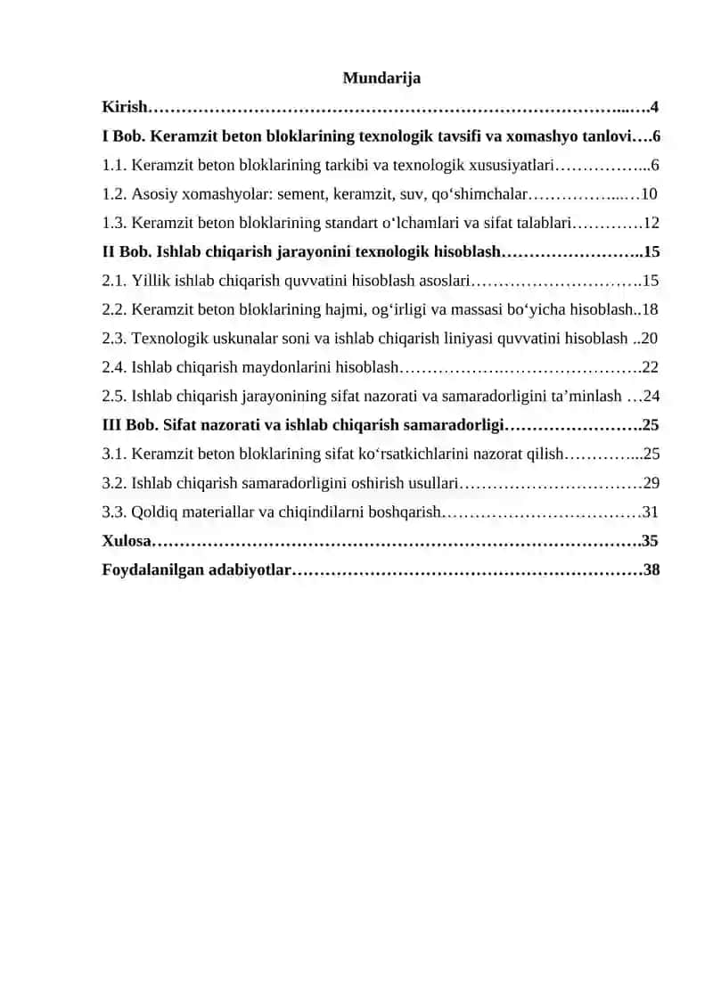 \Keramzit beton bloklaridan devorbop materiaflami ishlab chiuarish jarayonini hisoblash.Yillik ishlab chigarish quvvati 945 000 dona. Keranızit beton bloklarining o'lchamiari 600x600x400 mm. 3