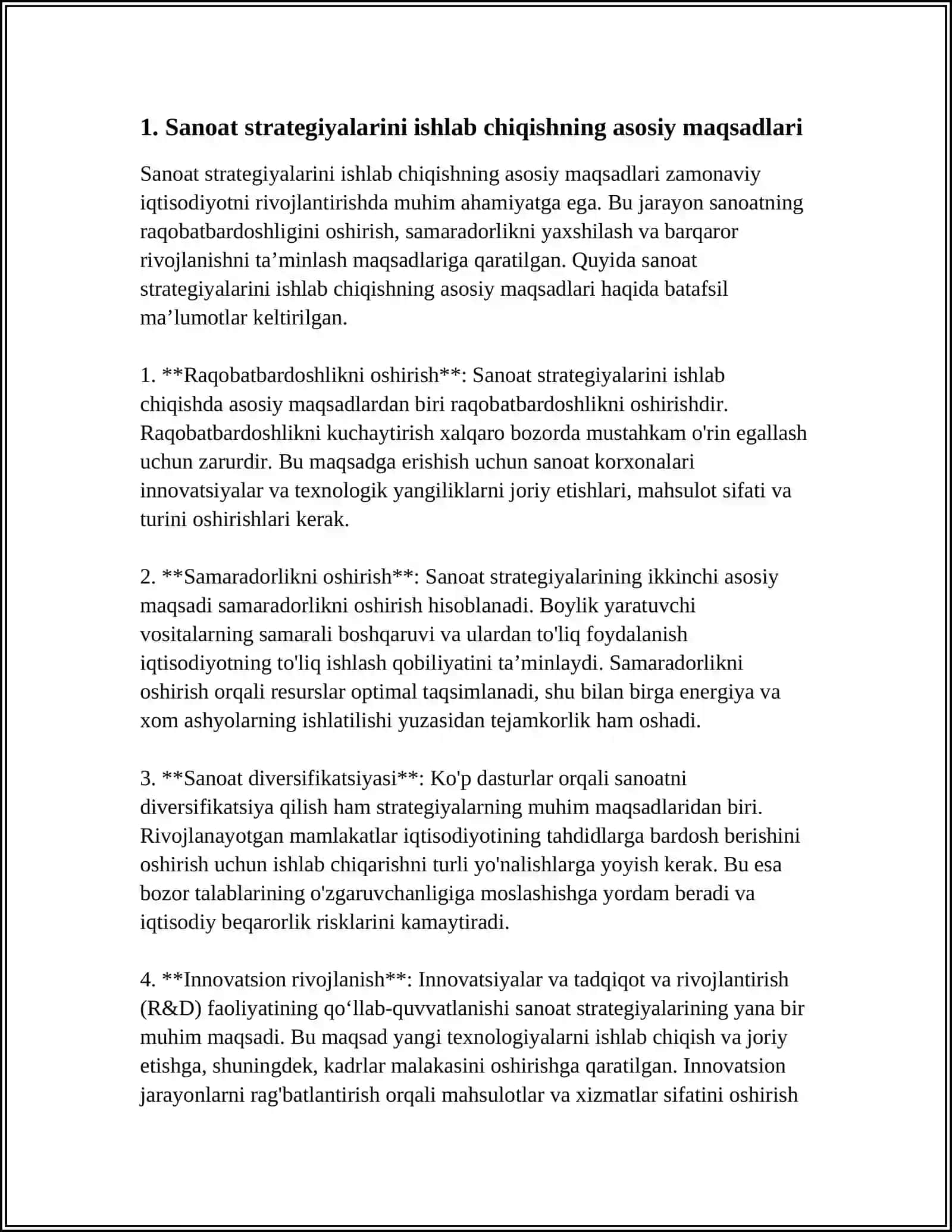MUSTAQIL ISH Mavzu: STRATEGIK USTUVORLIKLARNI ISHLAB CHIQISHNING ASOSIY TALABLARI SANOAT STRATEGIYASI 3