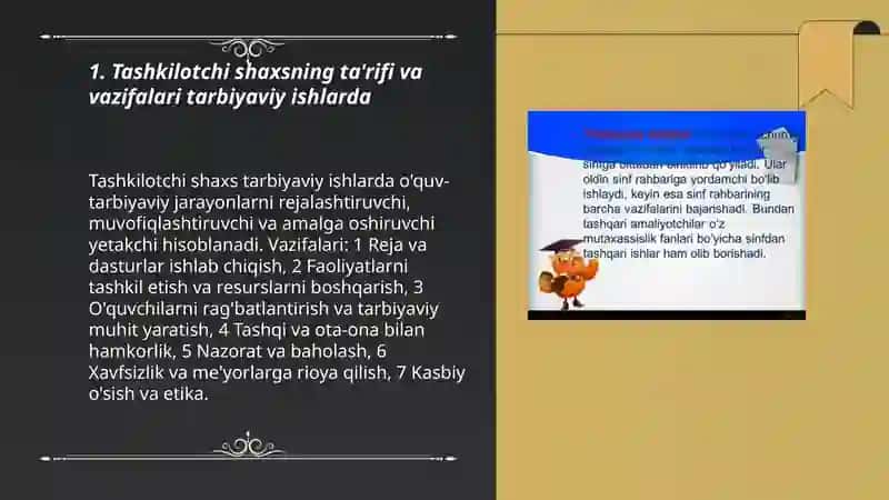 Tarbiyaviy ishlarni olib borishda tashkilotchi shaxsi va kasbiga qo'yiladigan talablar bilan tanishtirish 3