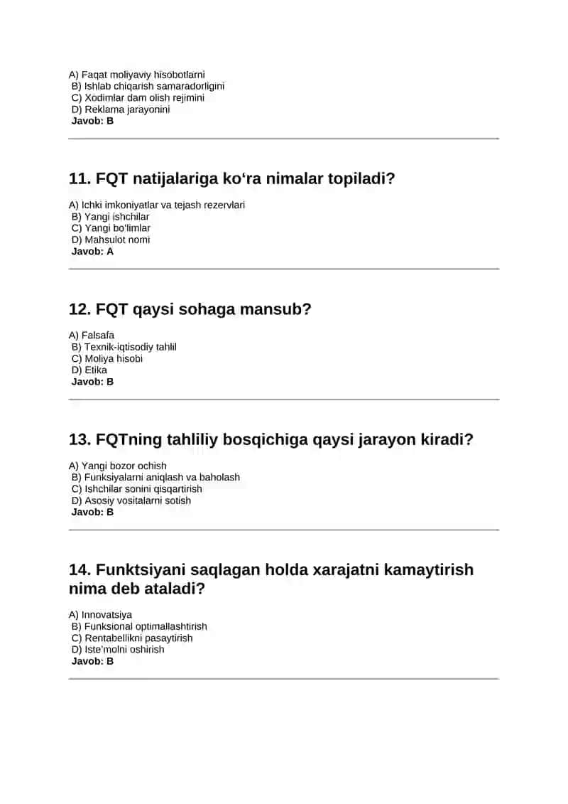 Funksional qiymatli tahlil. Uning ishlab chiqarish samaradorligini oshirish, ichki imkoniyatlarni aniqlashdagi roli Iqtisodiy tahlil fanidan 30ta test 3