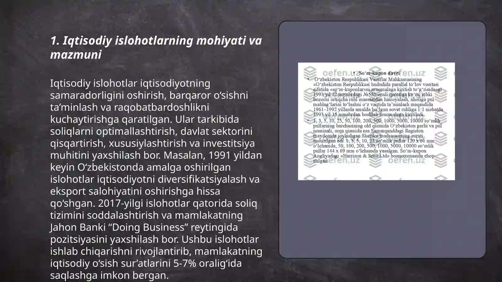 Iqtisodiy islohotlar, xususiy mulkchilikning shakllanishi. Oʻzbekistonda bozor munosabatlarining rivojlanishi 3
