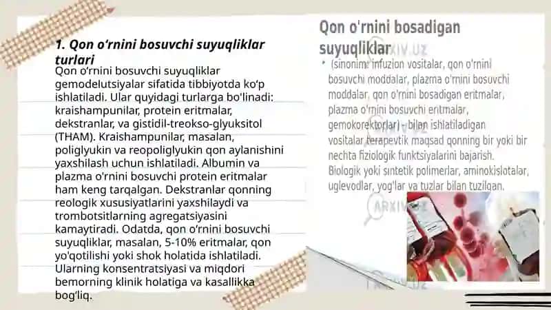 Mahalliy gemozstaz uchun zamonaviy dori-vositalar.Qon oʻrnini bosuvchi suyuqliklar 3
