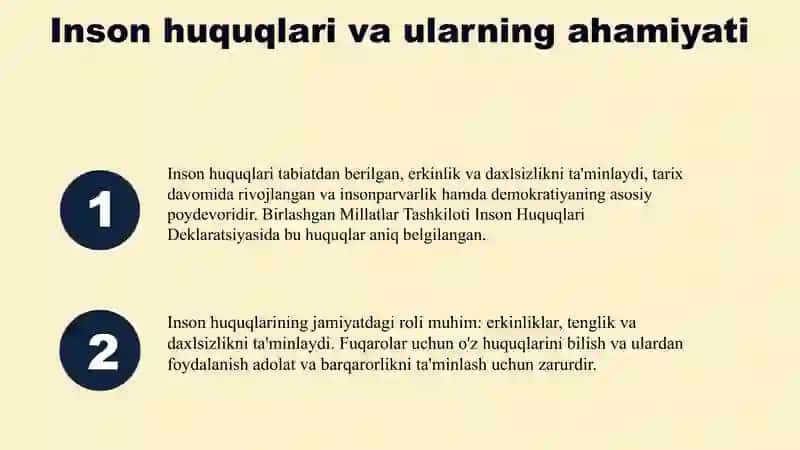 Inson va fuqarolarning asosiy huquqlari va ularning ahamiyati Inson va fuqarolarning siyosiy iqtisodiy ijtimoiy madaniyat va ekologik huquqlari. Fuqarolarning burchlari 3