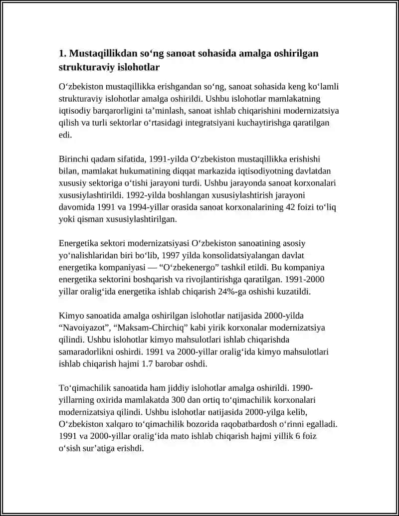 Oʻzbekistonda Mustaqillik Yillarida Sanoat Sphasida Amalga Oshirilgan Ishlohotlar 3
