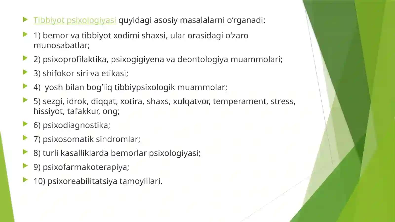Tibbiy psixologiya fani. Uning maqsadi va vazifalari, tarixi. Miyaning ruhiy jarayonlar. Kasalliklarning psixologik strukturasi 3