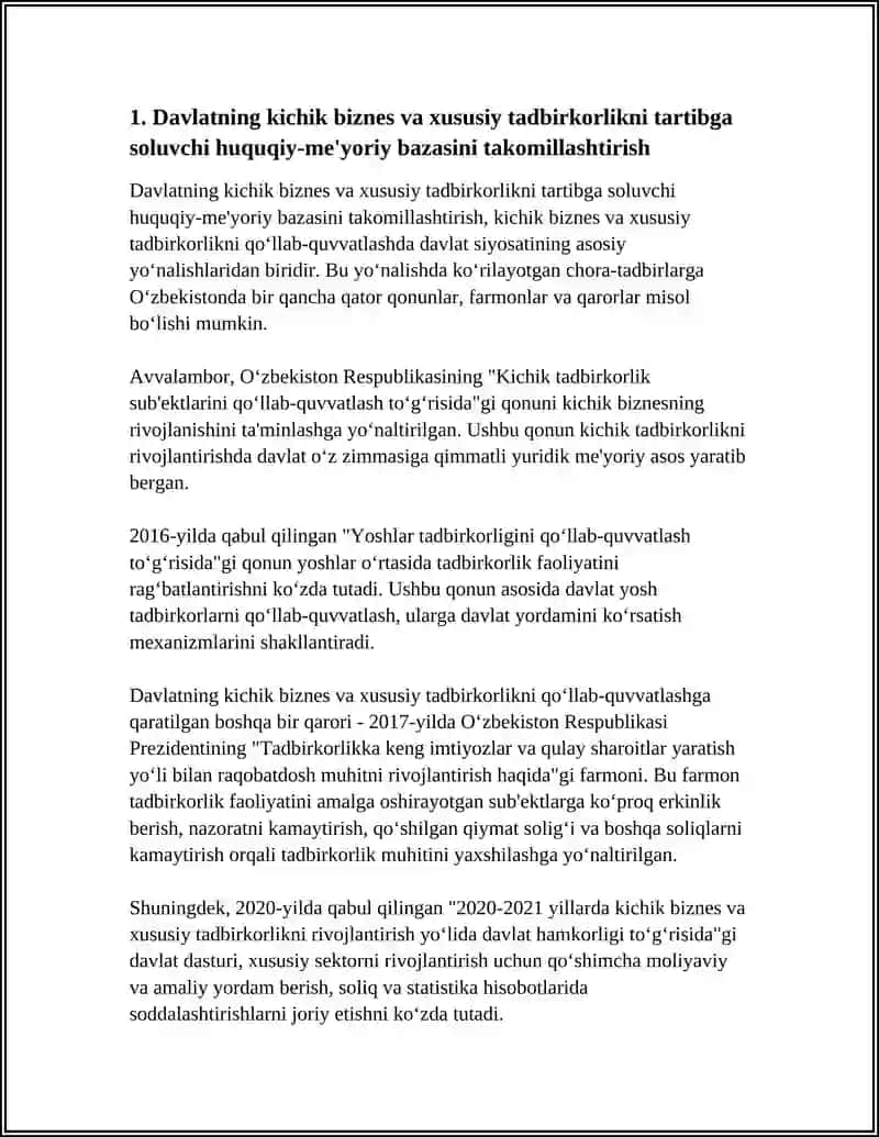 Davlatning kichik biznes va xususiy tadbirkorlikni tartibga soluvchi huquqiy-me'yoriy bazasini takomillashtirish 3