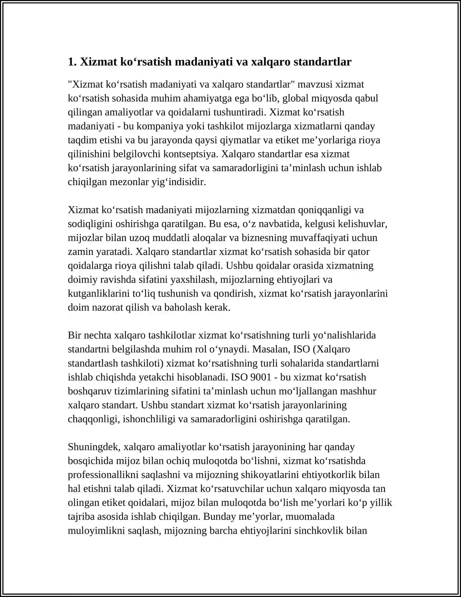 XIZMAT KOʻRSATISH MADANIYATI VA SERVIS ETIKETI: XALQARO AMALIYOTLAR 3