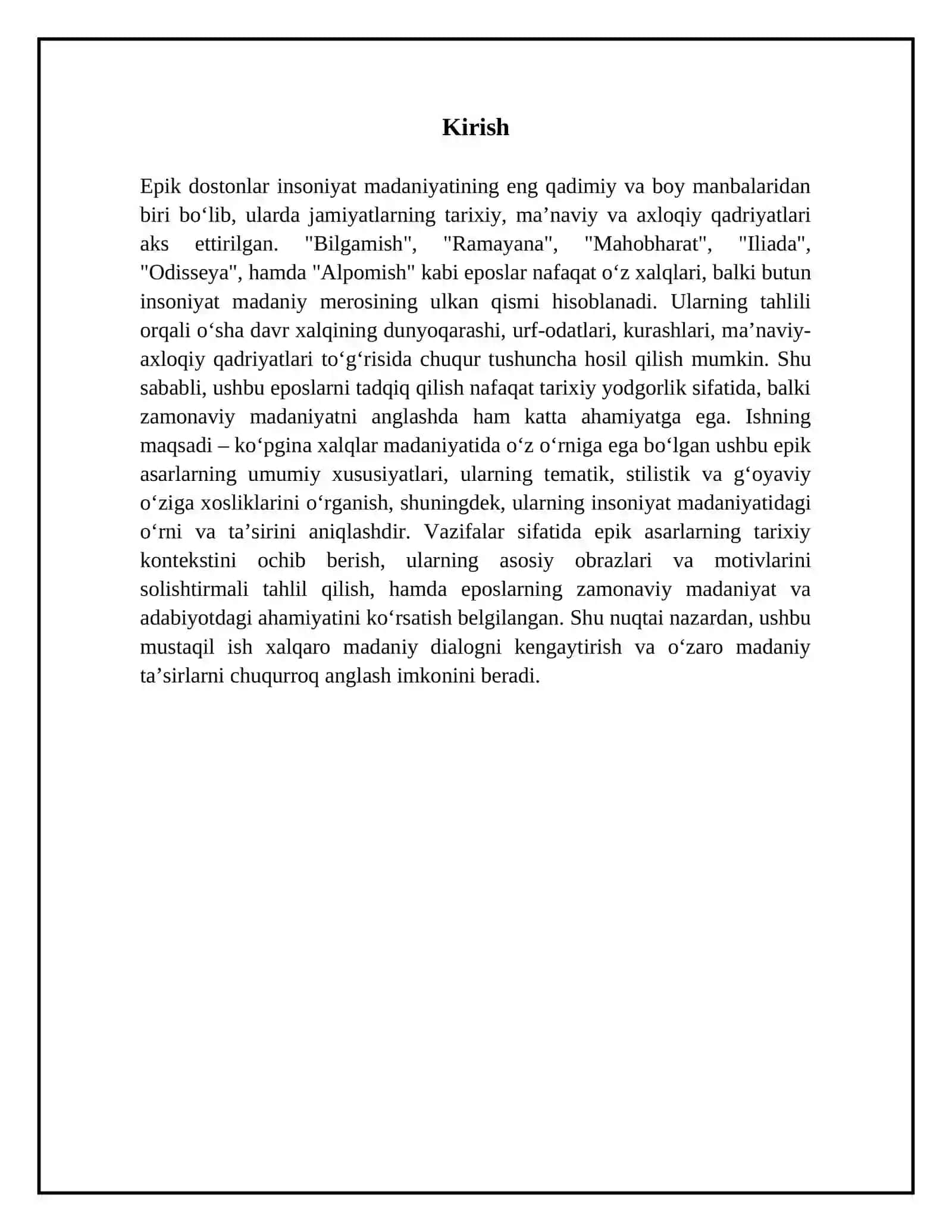 "Bilgamish", "Ramayana", "Mahobharat", "Iliada", "Odisseya", "Alpomish" eposlari 3