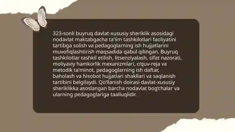 Davlat -xususiy sheriklik asosidagi nodovlat maktabgacha talim tashkilatida hamda pedagogning ish hujatlari (323-sonli buyruq) 3
