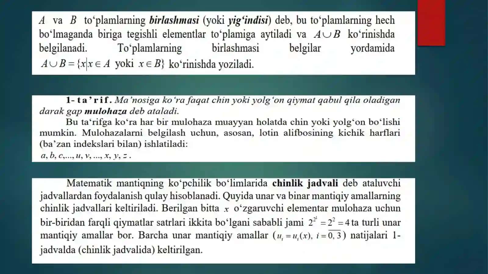 To‘plamlarnazariyasi. Munosabatlar. Binarmunosabatlar. Maxsusbinarmunosabatlar. Mulohazalaralgebrasi. Mulohazalarustidaamallar. Formulalar. Tengkuchliformulalar Mulohazalaralgebrasiformulasiningnormalshakllari. Mulohazalaralgebrasifunksiyalari(Bulfunksiyasi). Mantiqalgebrasiikkitaraflamaqonuni. Ikkilikprinsipi 3