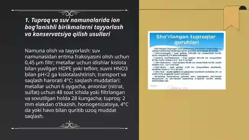 Tuproq va suvning ifloslanishida ion bogʻlanishli birikmalarni aniqlash va ularni tozalash usullari 3