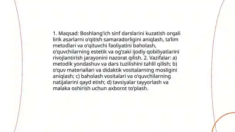 Boshlang'ich sinfda lirik asarlar ustida ishlash darslarini kuzatish va didaktik materiallarning ahamiyatini tahlil qilish 3