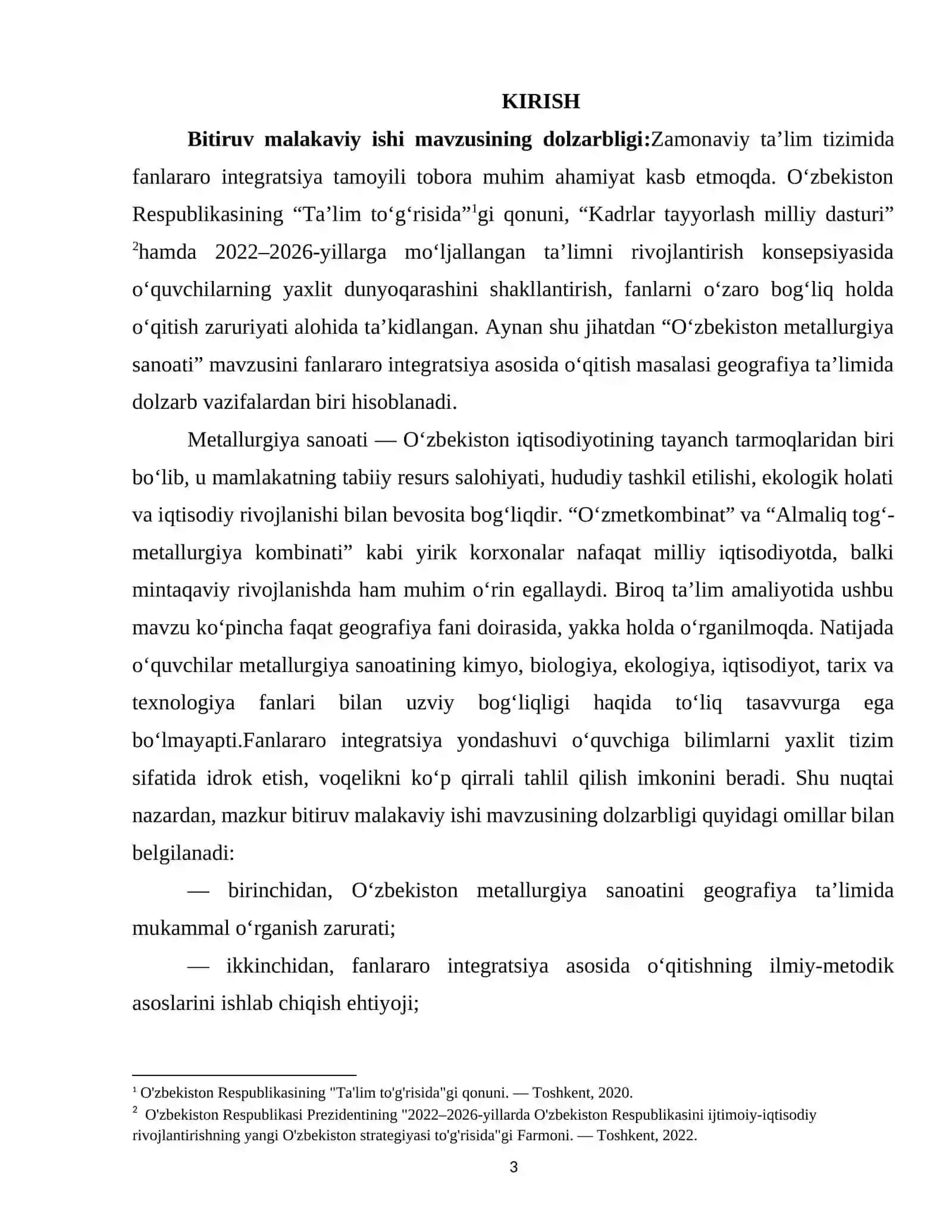 O‘zbekiston metallurgiya sanoati mavzusini o‘qitishda fanlararo integratsiyaning ilmiy asoslari deplom ishi 3