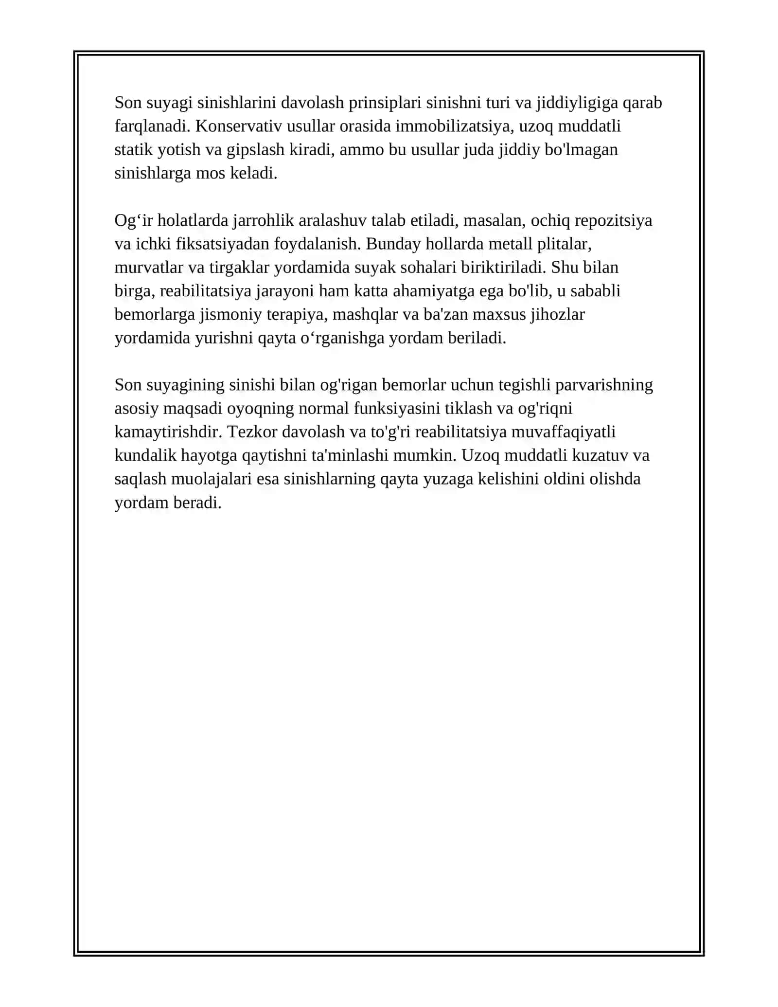 OYOQNING JAROHATLARI. SON SUYAGI, TIZZA BO‘G‘IMI, BOLDIR SUYAKLARI, OSHIQ BO‘G‘IMI VA OYOQ PANJA JAROHATLARI, KELIB CHIQISH SABABLARI, TASHXISLASH USULLARI,  DAVOLASH PRINSIPLARI 3