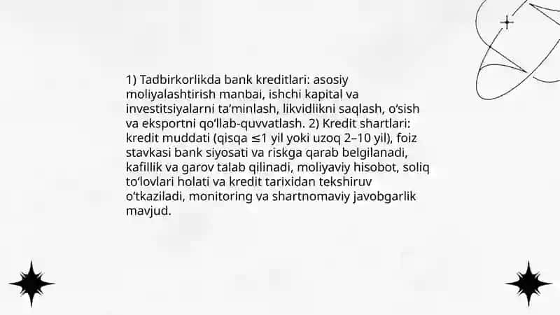 Tadbirkorlik faoliyatida bank kreditlarining roli va shartlari 3