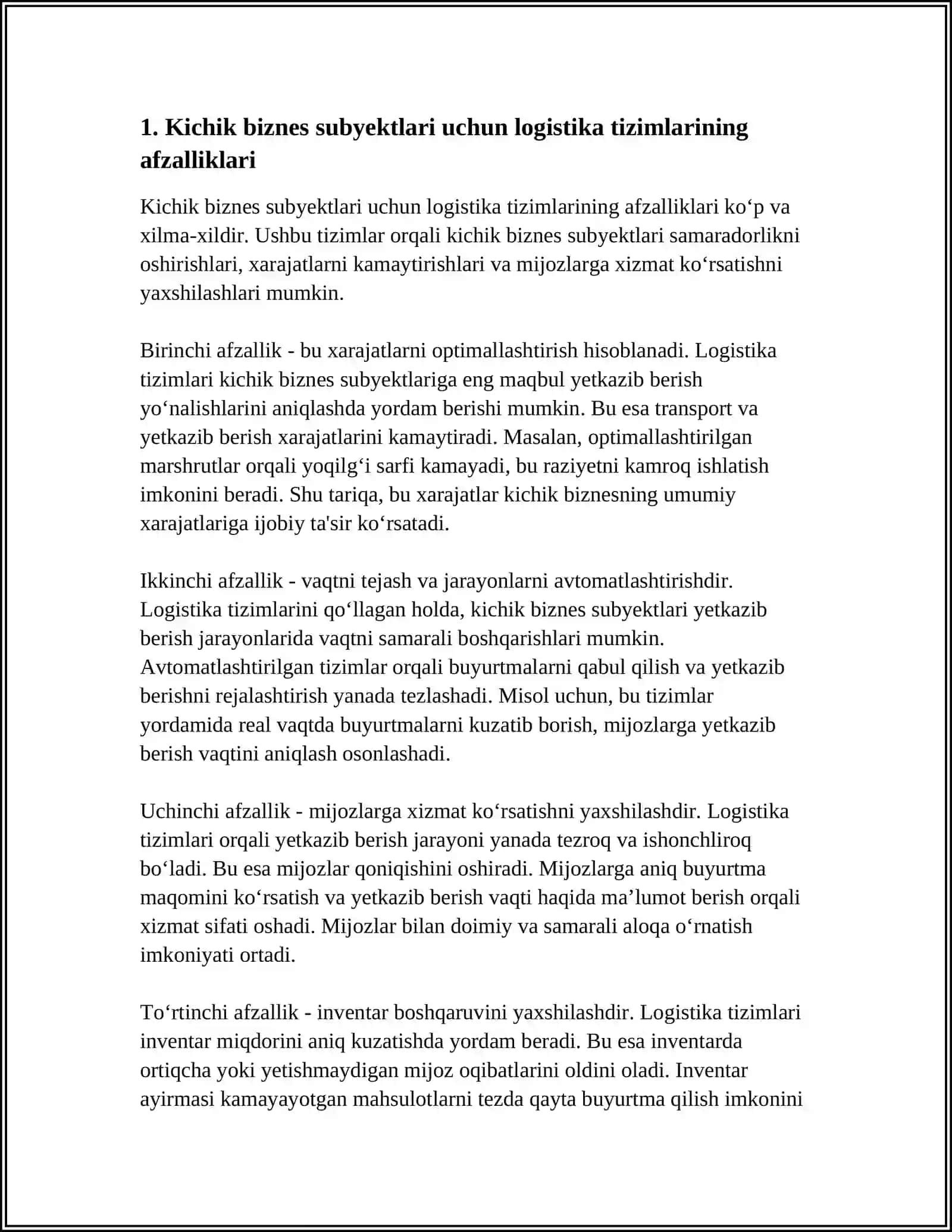 KICHIK BIZNES SUBYEKTLARI UCHUN LOGISTIK TIZIMLARINI LOYIHALASHNING O'ZIGA XOS XUSUSIYATLARI 3