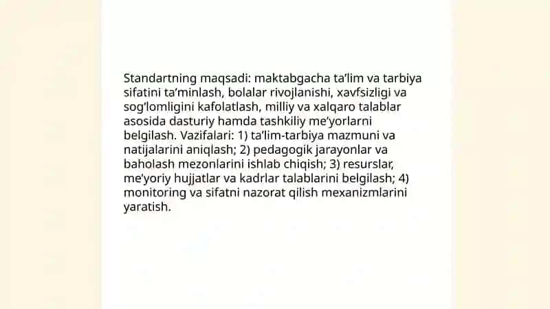Oʻzbekiston Respublikasining ʼʼMaktabgacha taʼlim va tarbiya toʻgʻrisida ʼʼgi qonuni Maktabgacha taʼlim va tarbiyaning davlat standarti 3