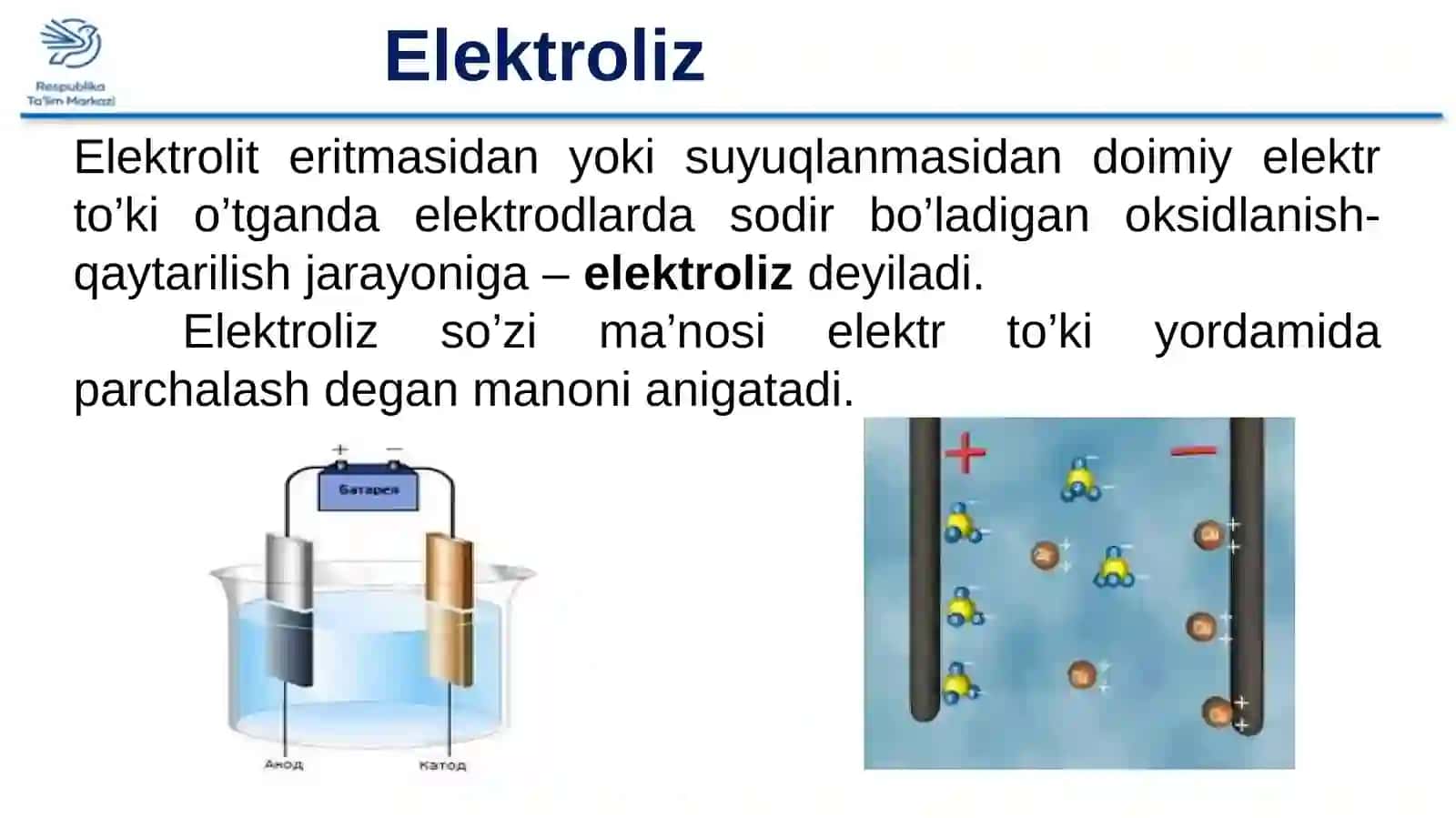 11-sinf Kimyo fanidan Elektroliz tushunchasi Suyuqlanma elektrolizi dars ishlanma 3