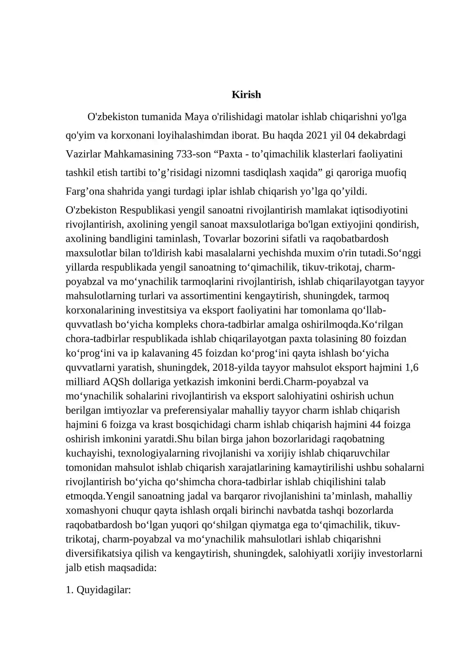 Mavzu: Farg’ona Viloyati Marg’ilon shahar Jensi Assartimentidagi to’qima ishlab chiqarish korxona loyihasi 3