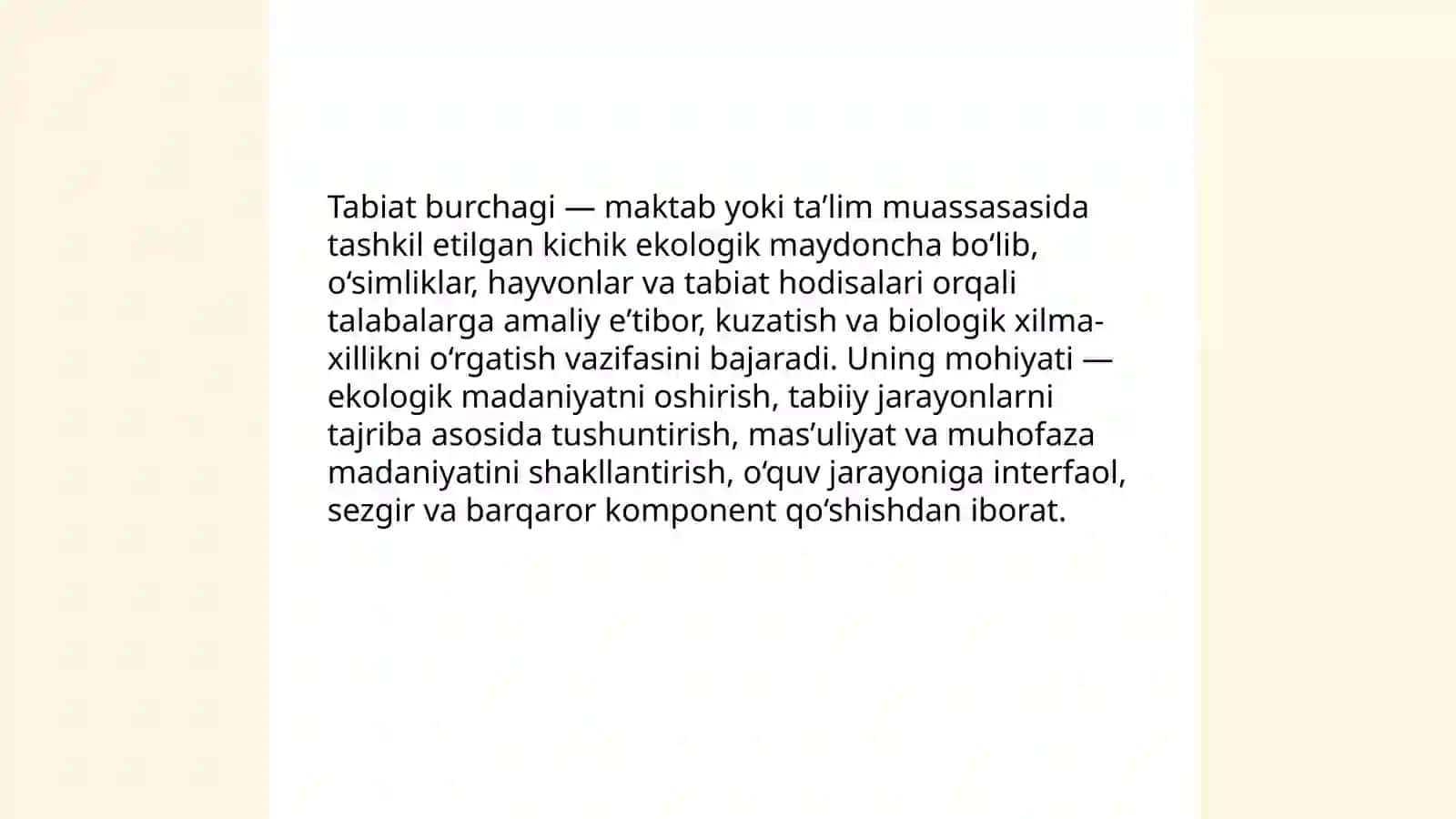 Tabiat burchagini tashkil etish mohiyati va unga qoʻyiladigan talablar 3