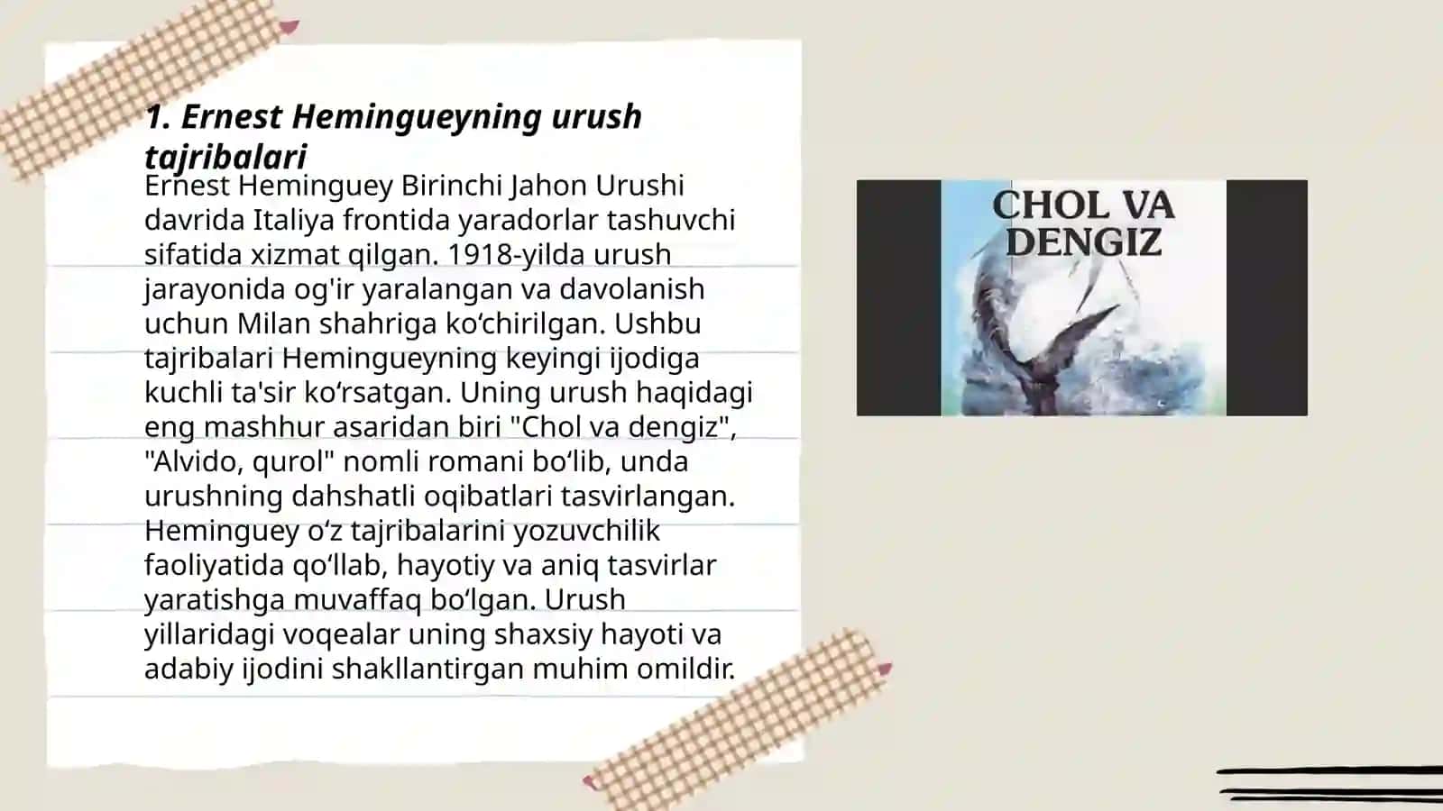Ernest Xemingueyning "Yozuvchi va urush", Jon Golsuorsining "Adabiyot va hayot" maqolalarining tahlili 3