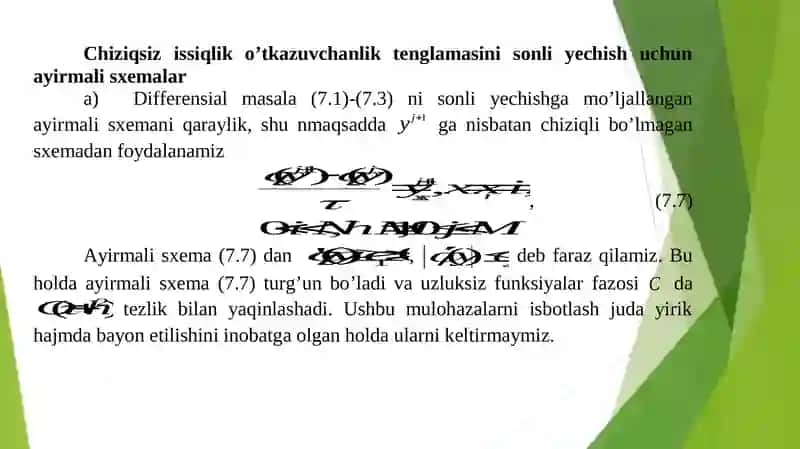 CHIZIQSIZ ISSIQLIK O’TKAZUVCHANLIK TENGLAMASI UCHUN AYIRMALI SXEMALAR 3