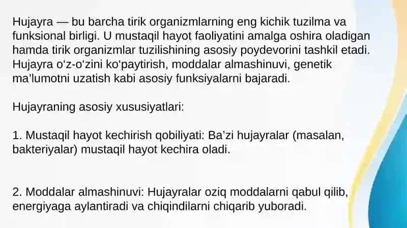 Hujayrada moddalar, energiya va ma’lumotlar oqimi. Hujayra proliferatsiyasi 3