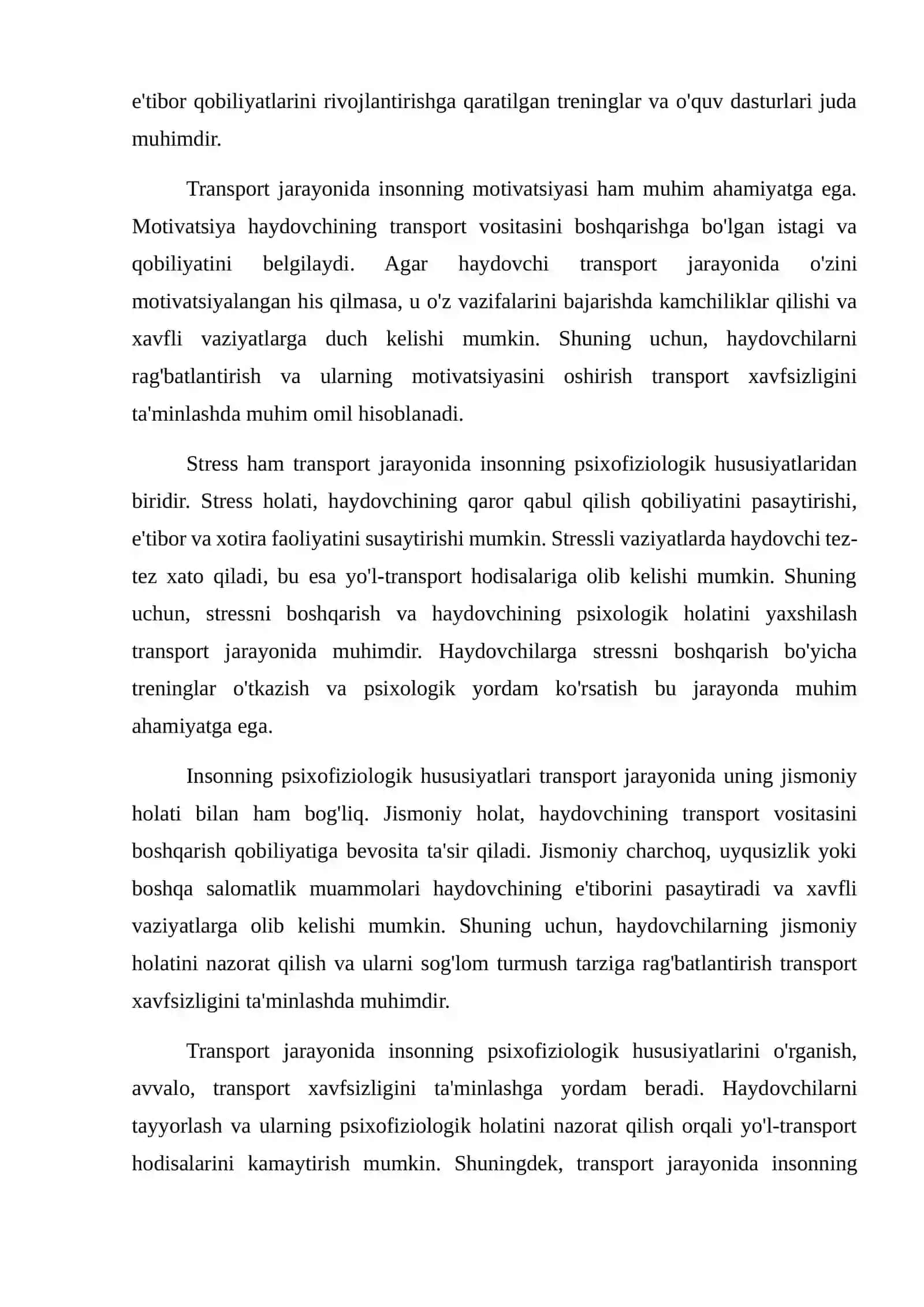 Transport jarayonida insonning psixofiziologik hususiyatlari nimalardan iborat 3
