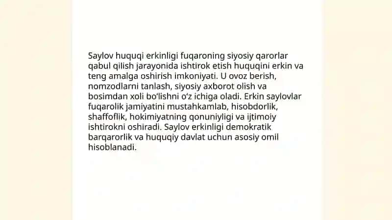 Saylov huquqi erkinligi fuqarolik jamiyatining sharti 3