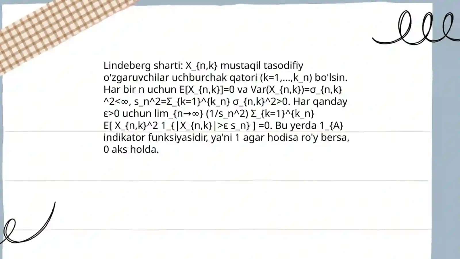 Lindeberg sharti ostida markaziy limit teoremani isbotlash 3