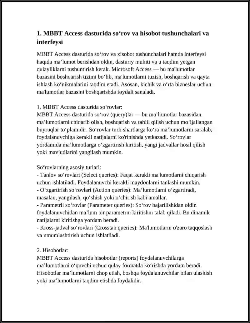 MBBT ACCESS DASTURIDA SOʻROV VA HISOBOT TAYYORLASH 3