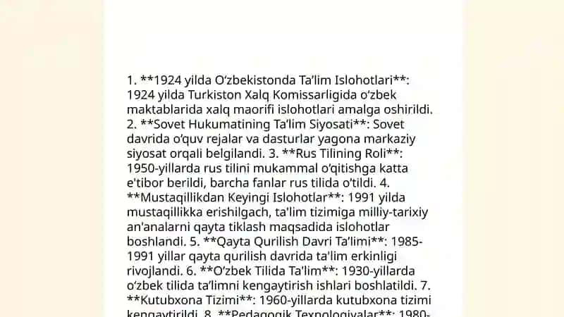 1924-1991-yillarda O'zbekistonda ta'lim tizimi. Mustaqillik yillarida pedagogik fikrlar rivoji 3
