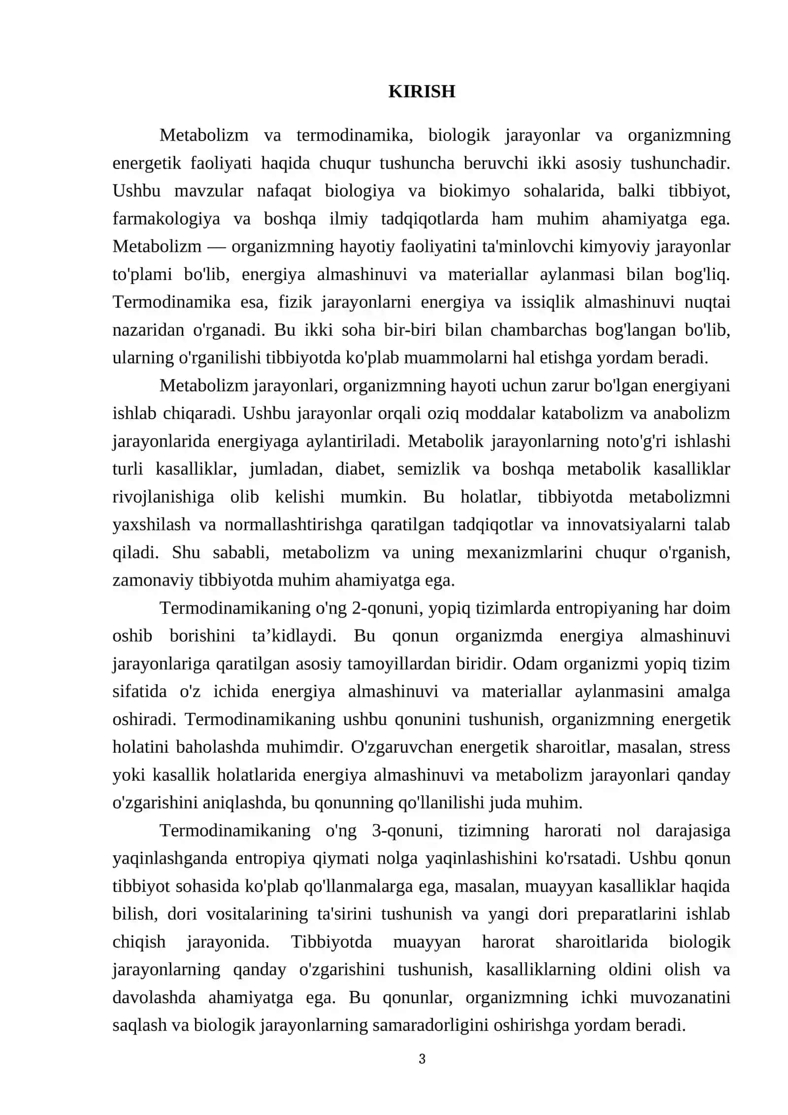 Metabolizm, Termodinamika o'ng 2-qonuni va 3-qonuni ularning tibbiyotda ahamiyati 3