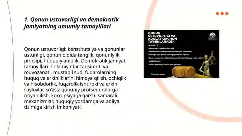 Oʻzbekistonda qonun ustuvorligi taʼminlashning demokratik asoslari.Korrupsiya va unga qarshi kurashning mazmun mohiyati 3