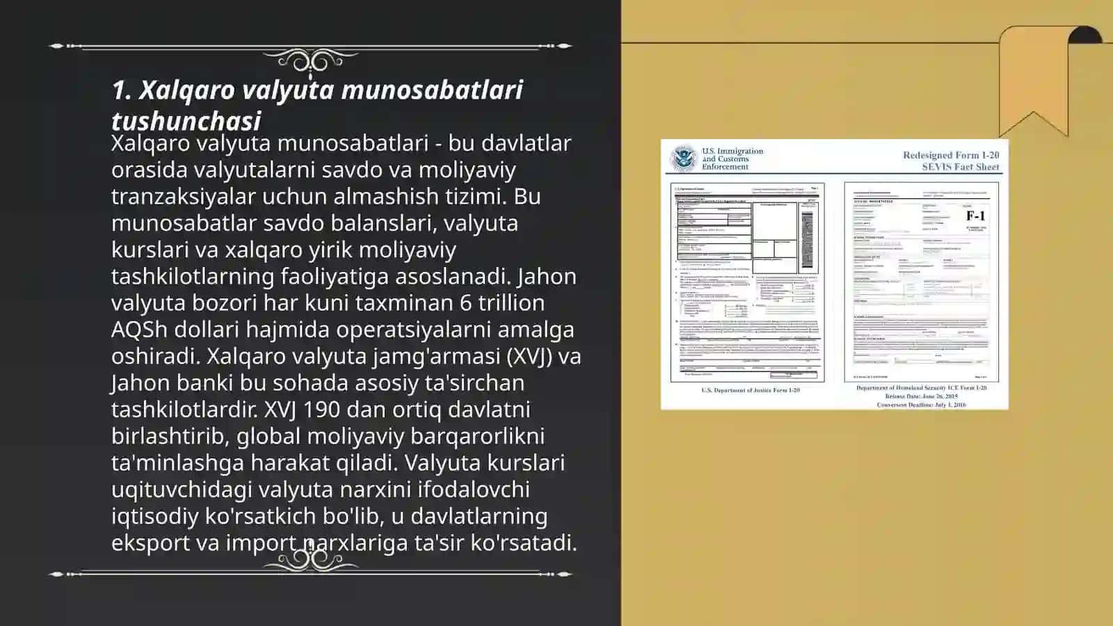 Xalqaro valyuta munosabatlari,t oʻlov balansi va uning tanqisligi Kerak emas - Reja: 1. Xalqaro valyuta munosabatlari tushunchasi 2. Xalqaro valyuta tizimi 3. Valyutalarning konvertatsiya darajasi 3