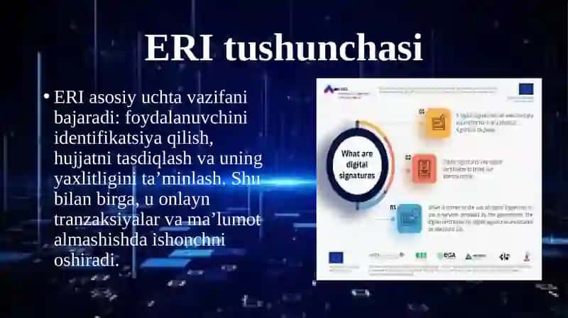 Elektron raqamli imzo (ERI) — hujjatlarni elektron shaklda tasdiqlash va xavfsiz almashish vositasi. 3