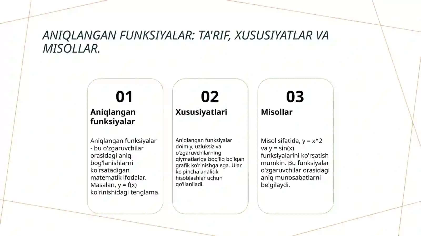 Aniqlangan funksiyalar va parametrik ko'rinishlar 3