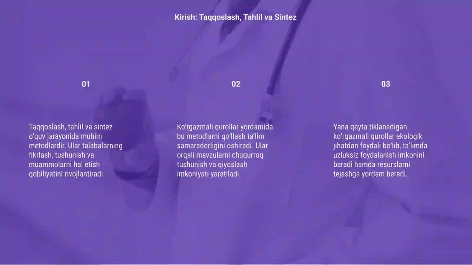 Taqqoslash, tahlil va sintezlarini qayta tiklanadigan ko'rgazmali qurollar 3