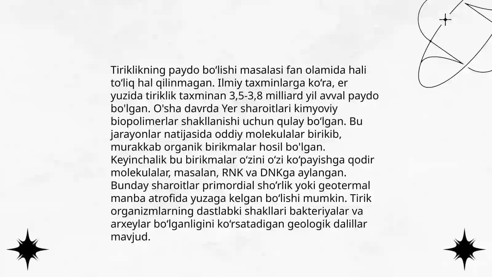 Tiriklikning paydo boʻlishi tiriklik evolutsiyasining asosiy belgilari va bosqichlari 3