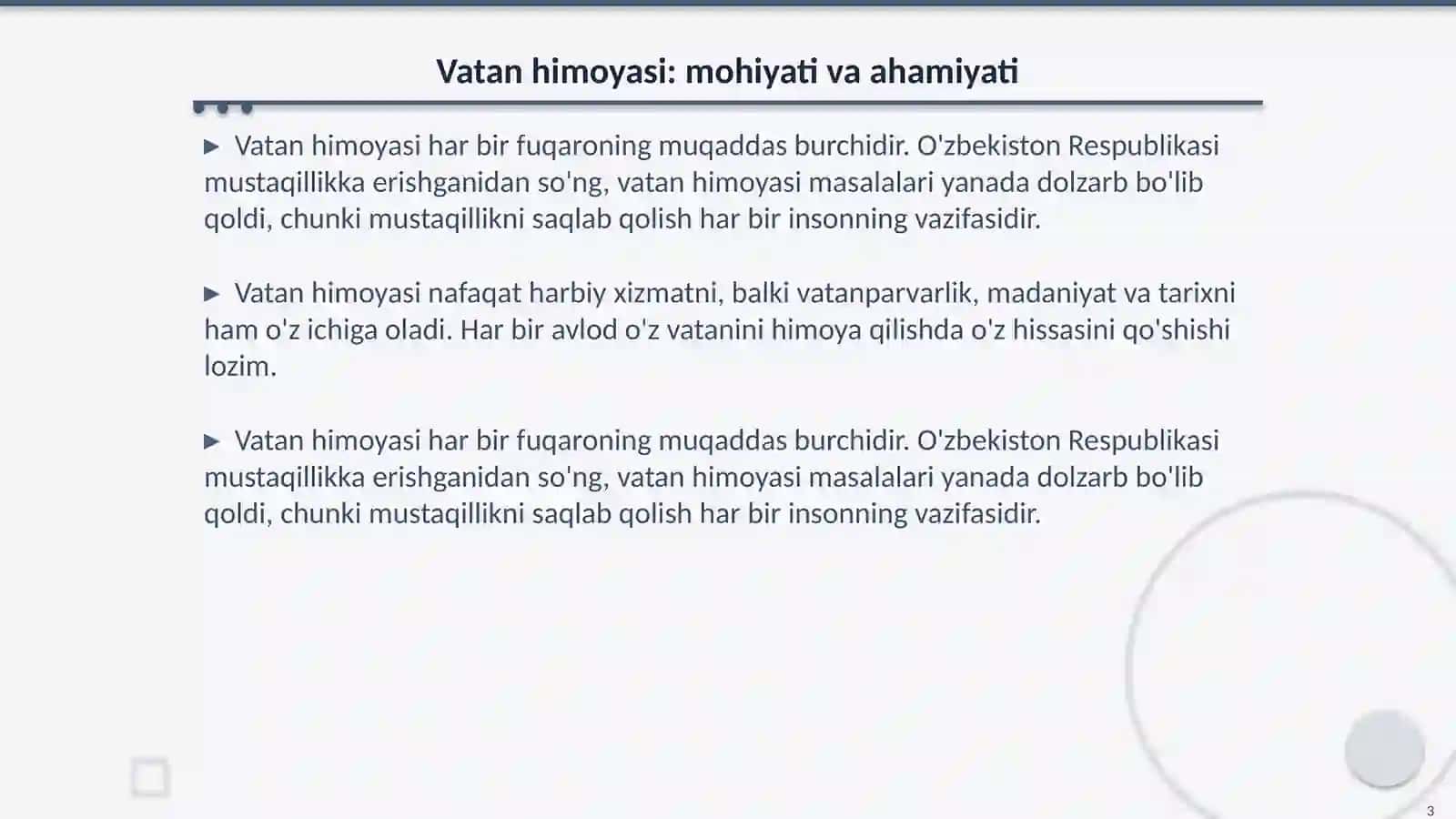 Vatan himoyasi- muqaddas burch.Grammatika:Badiiy tasvir vositalari.Oddiy tasvir va badiiy tasvir.Adabiy o'qish:Abdulla Qahhor "Dahshat" hikoyasi misolida 3