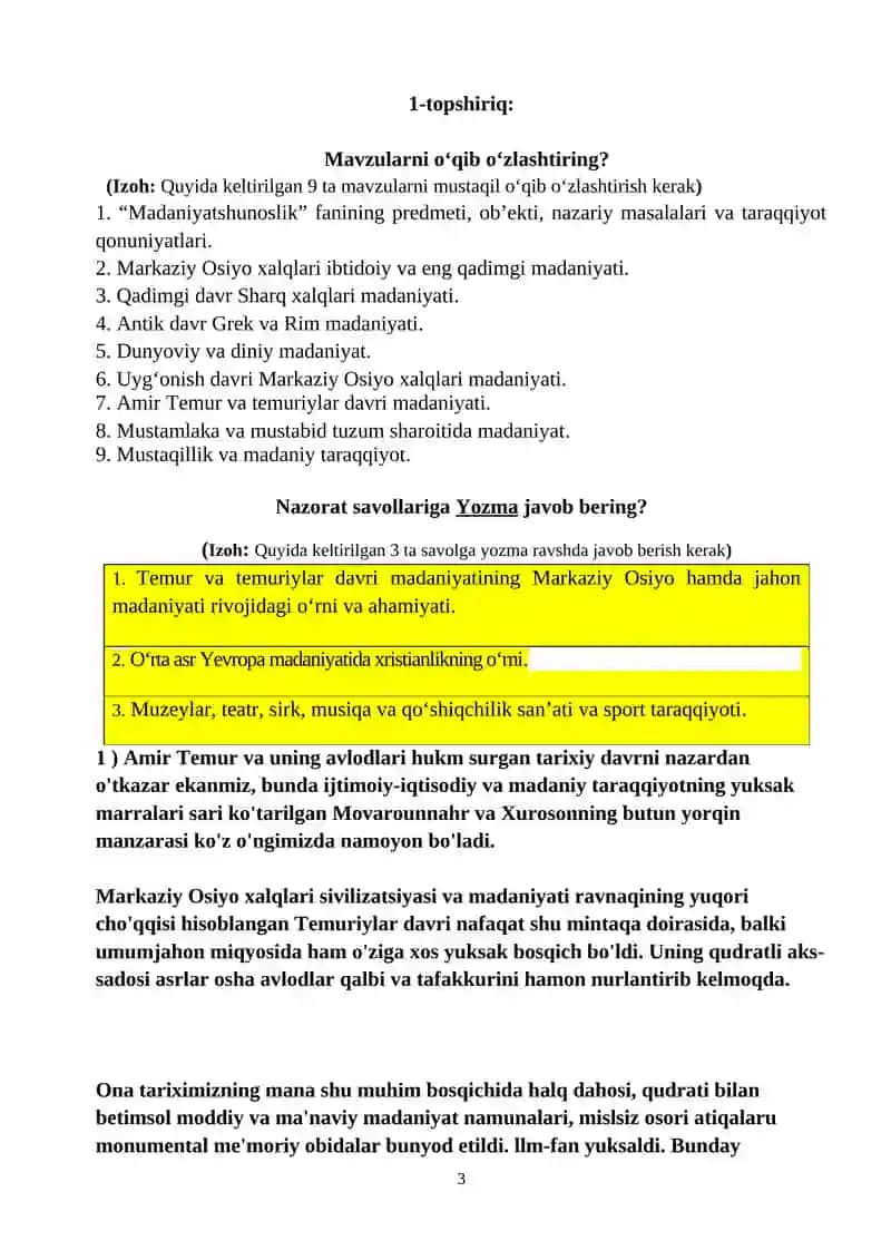 Madaniyatshunoslik fanidan sessiya oroliq nazorat ishi 3