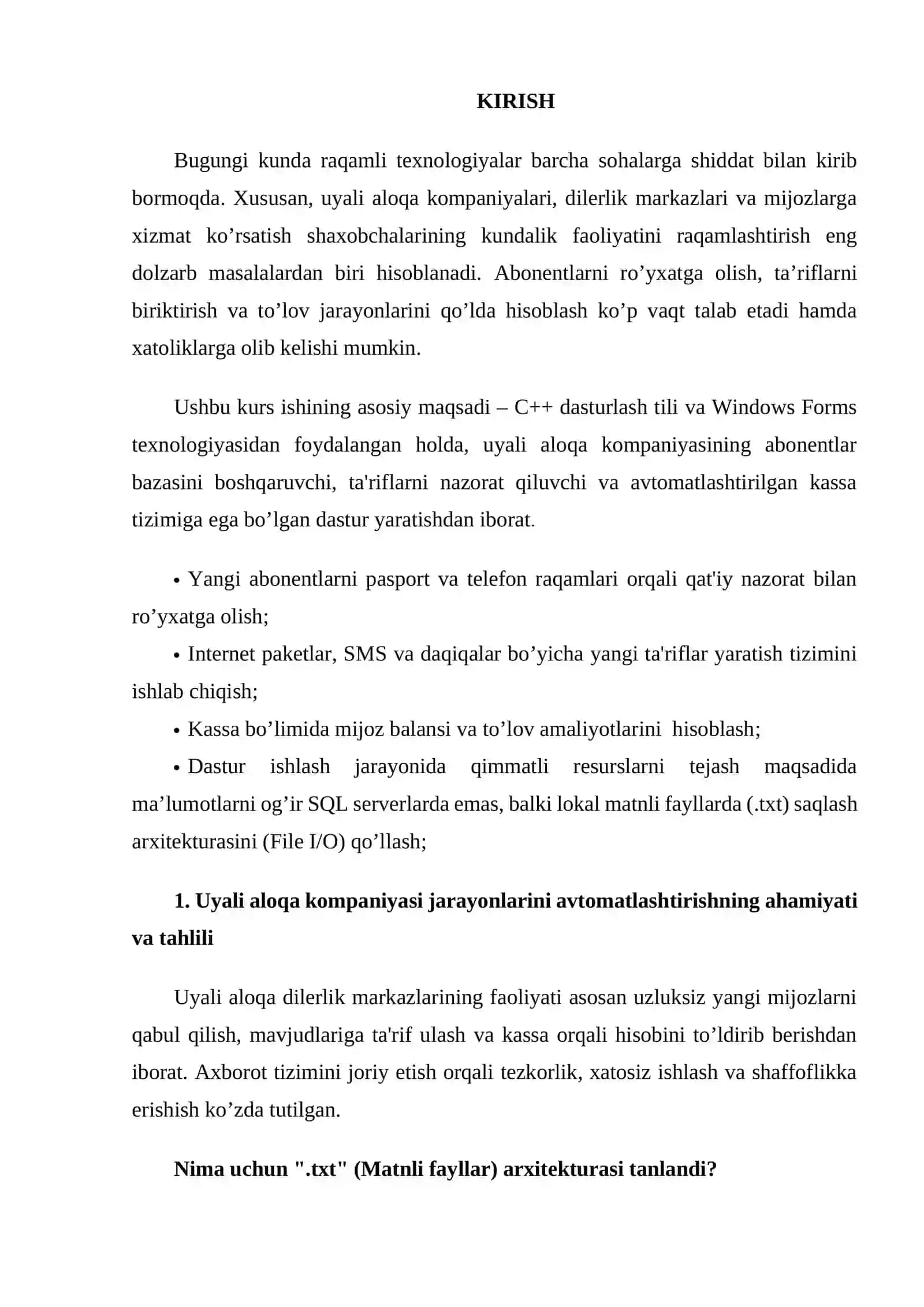 Visual Studio muhitida dasturlash | Kurs Ishi - UYALI ALOQA KOMPANIYASI FAOLIYATINI VA UNING MA’LUMOTLARI UCHUN DASTUR ILOVASINI YARATISH 3