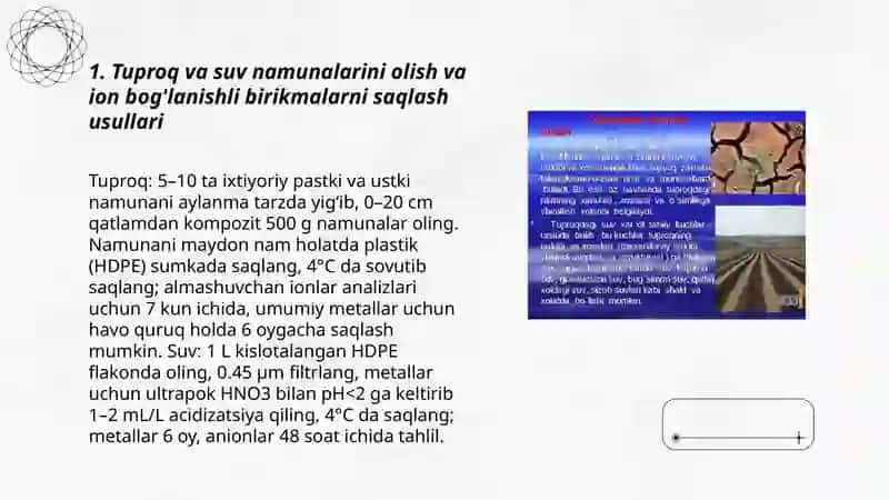 Tuproq va suvning ifloslanishida ion bog'lanishli birikmalarni aniqlash va ularni tozalash usuli 3