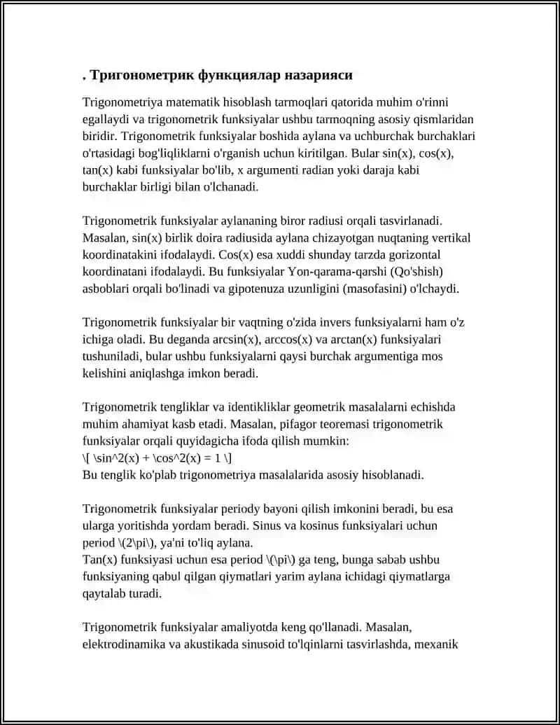 Trigonometrik funksiyalar nazorasi 3