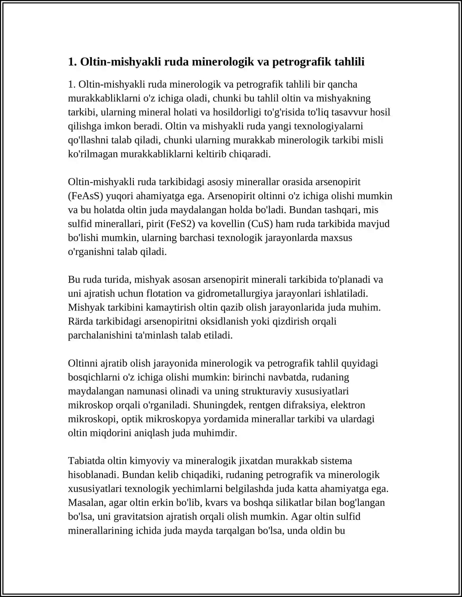 Oltin-Mishyakli Rudalarni Boyitish Texnologiyasi Mavzusida Mustaqil Ish 3